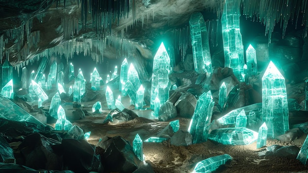 Photo a magical cave filled with glowing green crystals