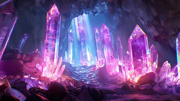 A magical cave filled with glowing iridescent crystals