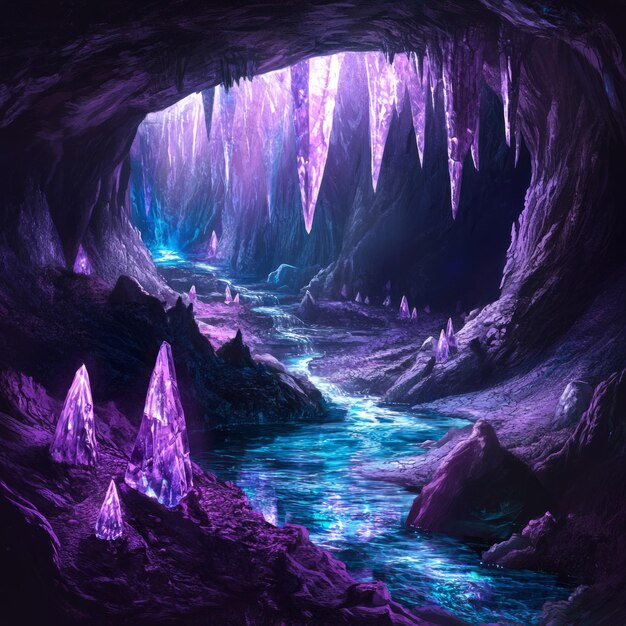 Photo a magical cave with purple crystals and a flowing river