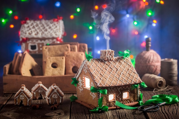 Magical Christmas gingerbread cottage and Christmas lights