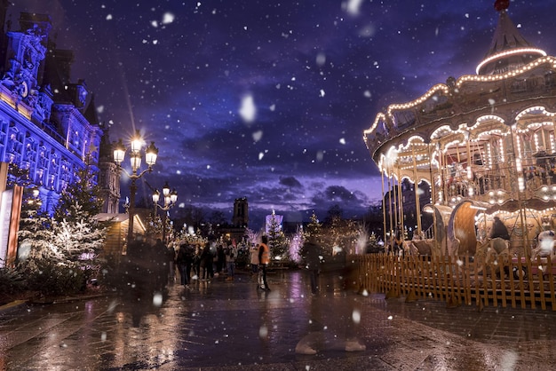 Magical Christmas market spirit in Paris, France. Celebrating new years eve. Happy holidays.