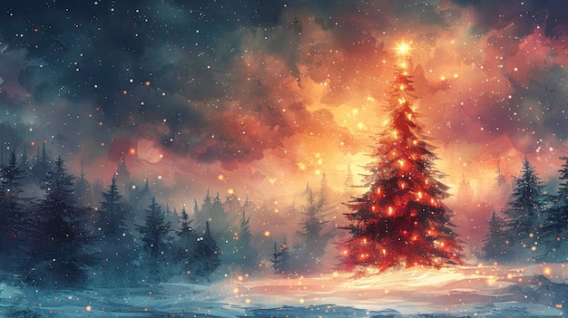 Magical Christmas tree illuminated with lights in a snowy forest under a dark starry sky evoking hol