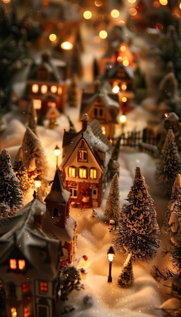 Photo magical christmas village display with miniature houses trees and lights for festive home decor