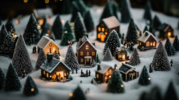 Photo a magical christmas village with wooden houses illuminated in festive lights bustling with holiday cheer beneath twinkling trees