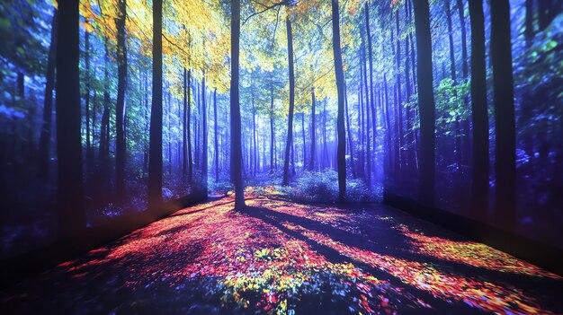 Photo a magical colorful forest path with a mystical glow