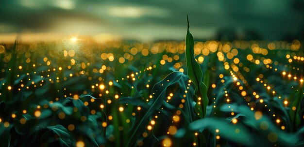 Magical Cornfield at Sunset with Glowing Fireflies and Dreamy Bokeh Lights