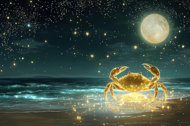 Magical crab on moonlit beach under starry night sky