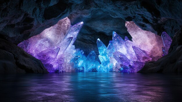 Photo magical crystal cave with glowing blue and purple formations