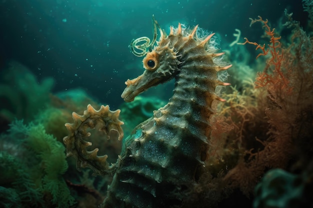 Magical dancing seahorse in an underwater setting generative IA