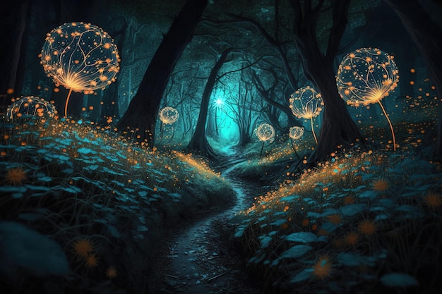 Magical dandelions in a dark misty forest