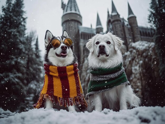 Photo magical dogs wearing wizard scarf with winter castle