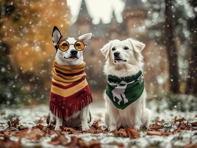 Photo magical dogs wearing wizard scarf with winter castle