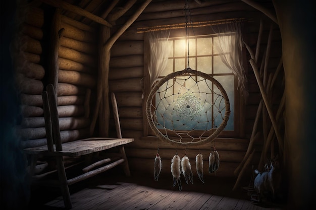 Magical dream catcher hanging inside wooden hut created with generative ai