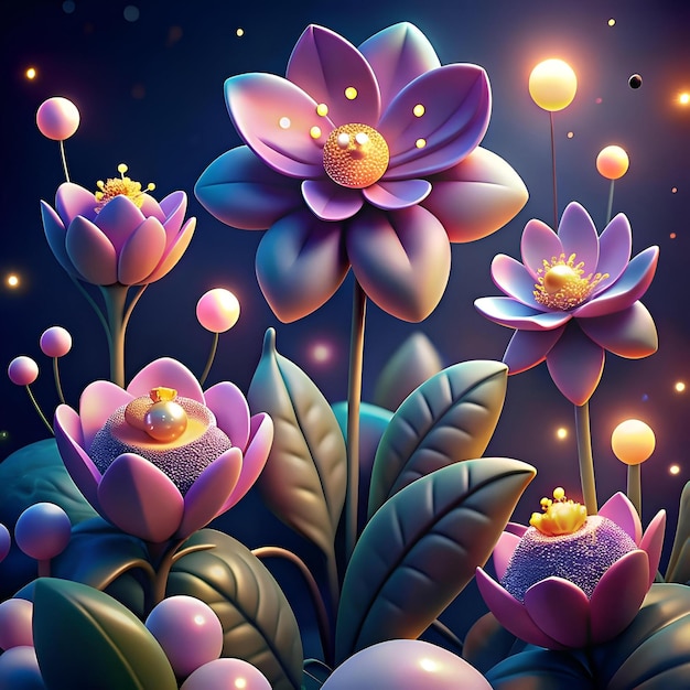 A magical dreamlike illustration of blooming flowers with glowing orbs perfect for adding a whimsical touch to your designs