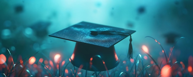 Magical and dreamy graduation cap floating above illuminated grass with colorful lights