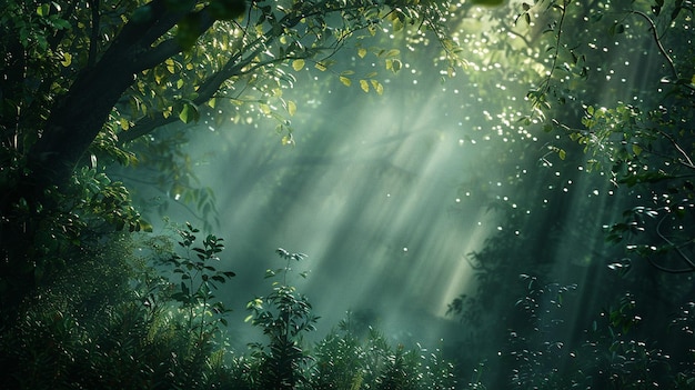 Magical Enchanted Forest with Light Rays Serene Nature Scene