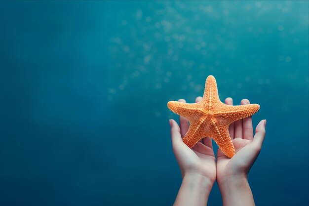 Photo magical encounter captivating hand holding a starfish with abundant copy space ar 32