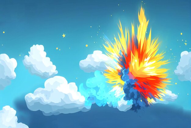 Magical explosion in the sky on blue background shooting down a flying target