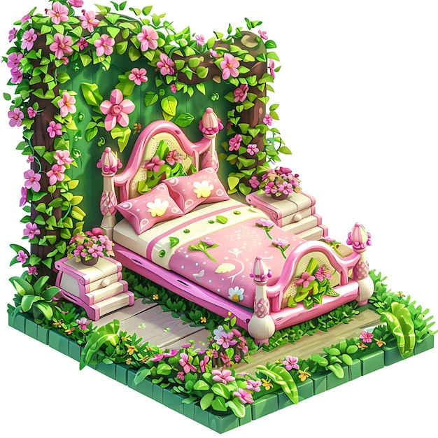 Magical Fairy Garden Bed Set With Enchanting Pink and Green Illustration Furniture Game Assets