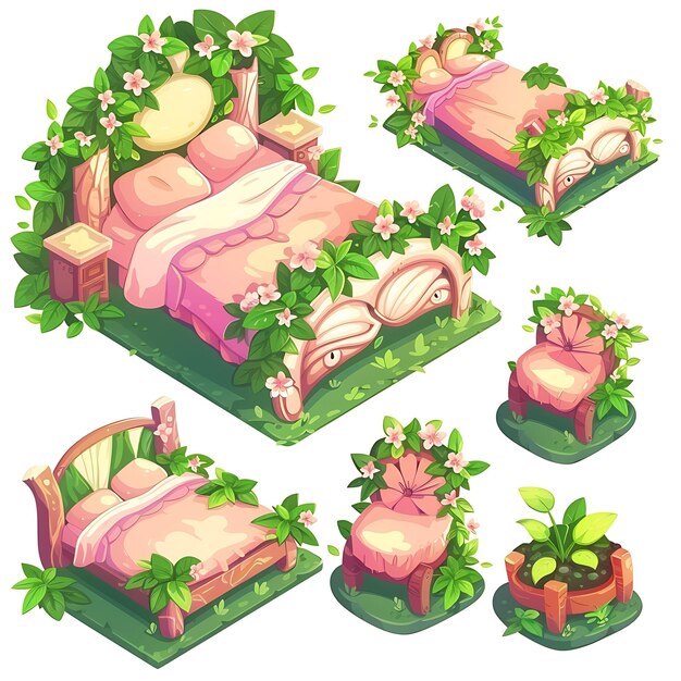 Magical Fairy Garden Bed Set With Enchanting Pink and Green Illustration Furniture Game Assets