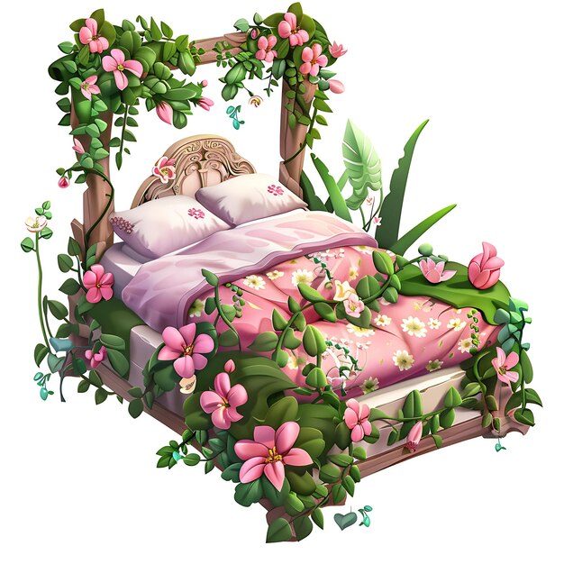 Magical Fairy Garden Bed Set With Enchanting Pink and Green Illustration Furniture Game Assets