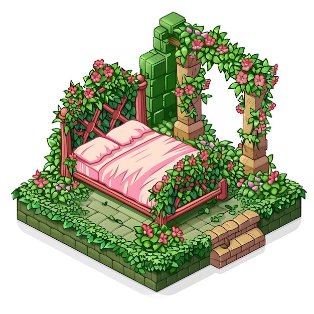 Photo magical fairy garden bed set with enchanting pink and green illustration furniture game assets