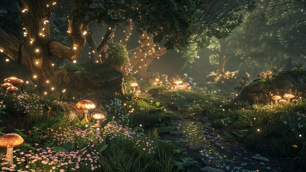 Photo a magical fairy glen hidden deep within an ancient forest with softly glowing mushrooms sparkling streams and delicate flowers blooming under the canopy