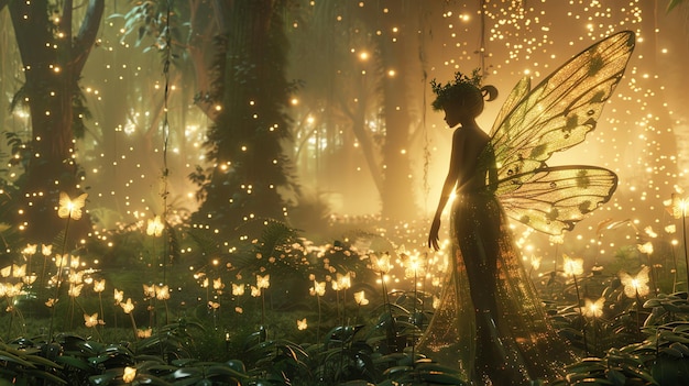 Photo a magical fairy with large wings stands in a forest filled with glowing lights