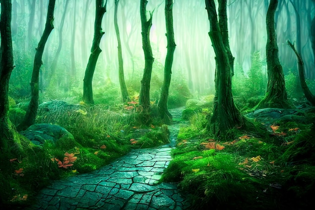 Magical fairytale forest Scenery with path in dreamy foggy forest