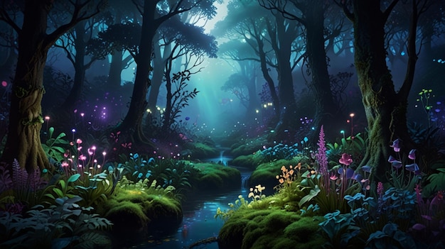 Photo magical fantasy background enchanted forest with glowing plants mystical creatures