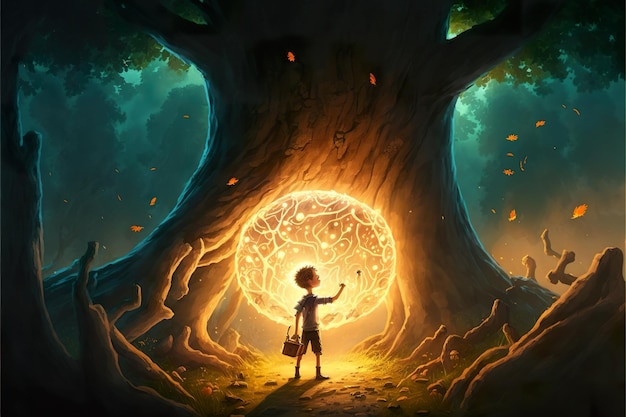 Magical fantasy boy with a magic ball tree