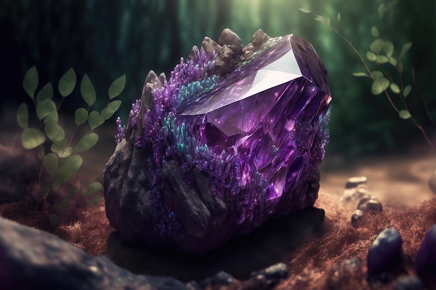 Magical fantasy crystal amethyst mystical glows from the inside Natural purple crystal stone in the forest cave a gemstone 3d illustration