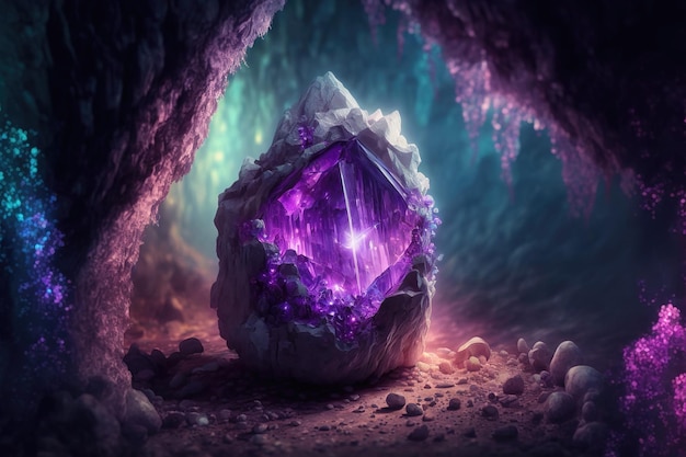 Magical fantasy crystal amethyst mystical glows from the inside Natural purple crystal stone in the forest cave a gemstone 3d illustration