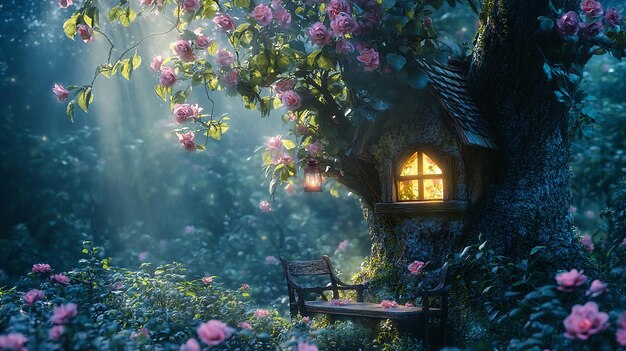 Photo magical fantasy elf house in tree with wind