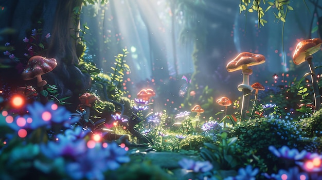 Magical fantasy forest comes to life with glowing plants background