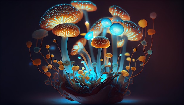 Photo magical fantasy mushrooms in enchanted fairy tale dreamy elf forest