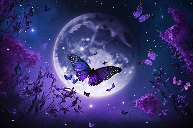 Magical fantasy romantic night background with full moon and glowing butterflies in bubble wallpaper