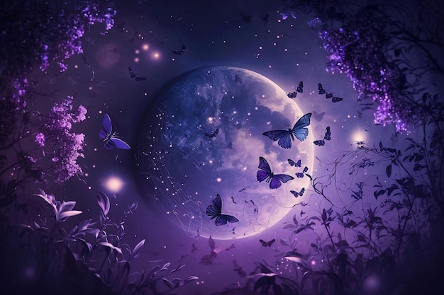 Magical fantasy romantic night background with full moon and glowing butterflies in bubble wallpaper