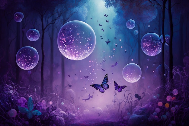 Magical fantasy romantic night background with full moon and glowing butterflies in bubble wallpaper