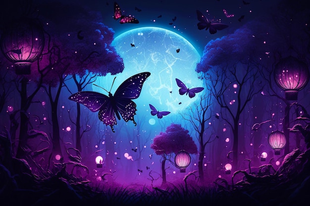 Magical fantasy romantic night background with full moon and glowing butterflies in bubble wallpaper