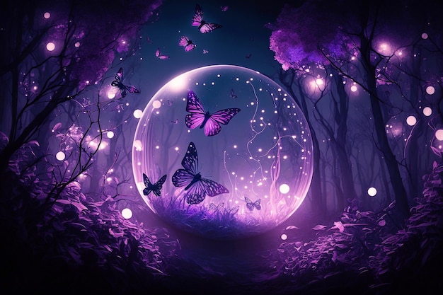 Magical fantasy romantic night background with full moon glowing butterflies shiney balloons