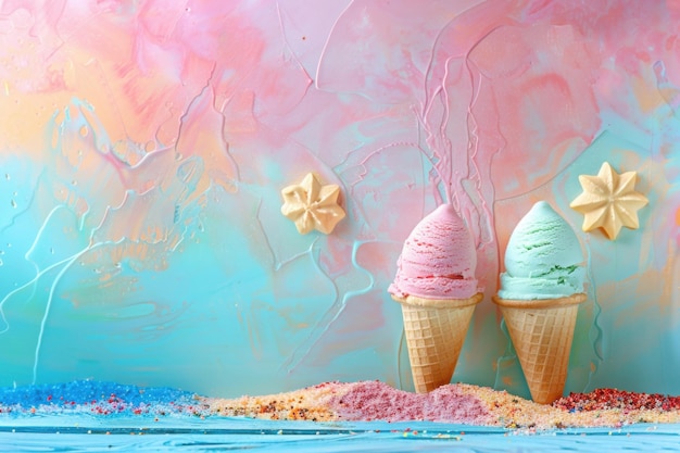 Photo magical fantasy unicorn ice cream with rainbow colorful background free copy space