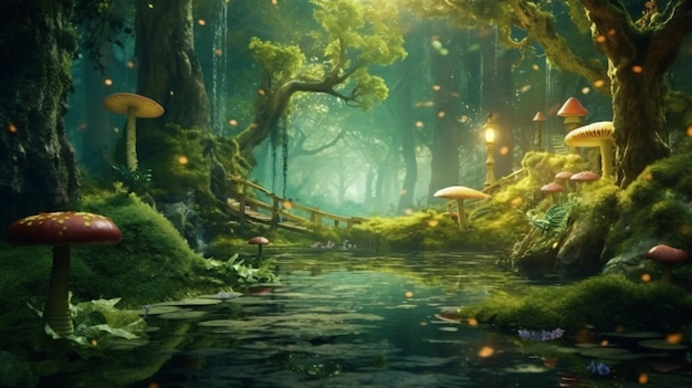 magical fantasy world in green mysterious forest