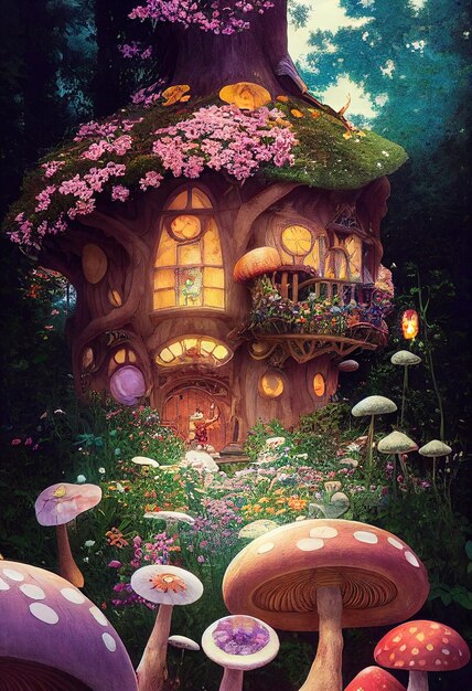 A magical fantasy world with a fairy tale house and flyswatters in a green mysterious forest