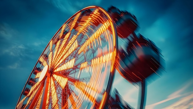 Photo magical ferris wheel at night illuminates the cityscape with captivating motion and bokeh effects