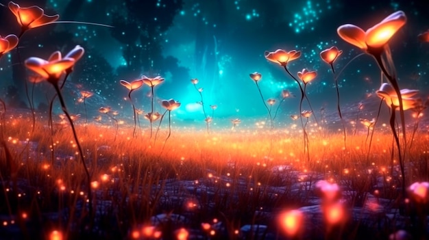 Magical firefly field at night Lightning bugs in an enchanted landscape Abstract glowing wallpaper background Generative AI