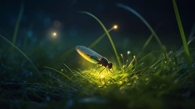 Photo magical firefly glowing in the night grass