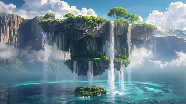 A magical floating island with waterfalls pouring down into a turquoise lake