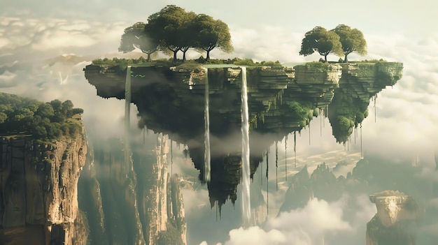 A magical floating island with waterfalls and trees in the clouds