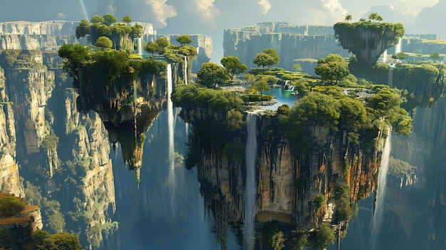 Magical floating islands with waterfalls and lush greenery a surreal and beautiful landscape